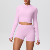 Solid Color Crop Jacket and Shorts Tight-Fitting Yoga Set