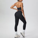 Solid Color Halter Neck Cropped Tank Pants Yoga Set