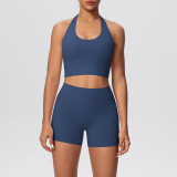 Solid Color Tight-Fitting Halter Neck Tank Shorts Yoga Set
