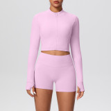 Solid Color Crop Jacket and Shorts Tight-Fitting Yoga Set