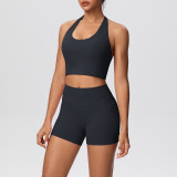 Solid Color Tight-Fitting Halter Neck Tank Shorts Yoga Set