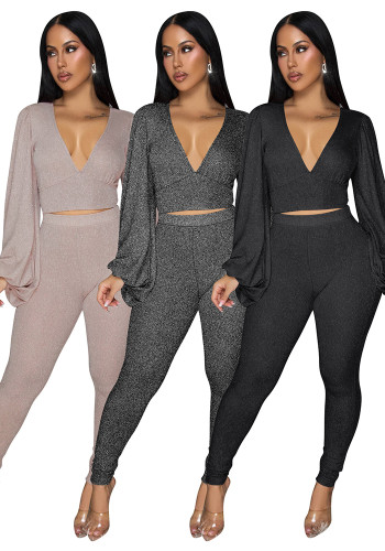 Women Deep V-Neck Backless Lace-Up Short Lantern Sleeve Top and Trousers Two-Piece Set