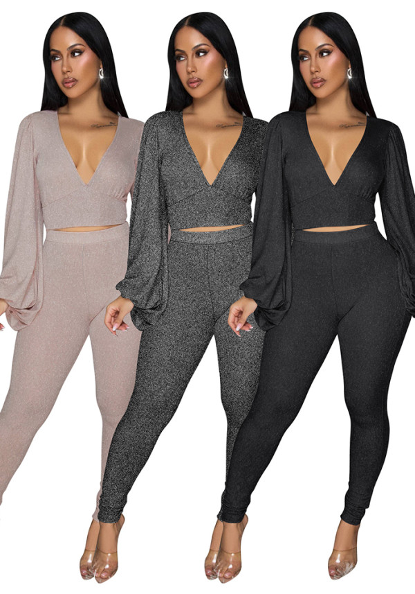 Women Deep V-Neck Backless Lace-Up Short Lantern Sleeve Top and Trousers Two-Piece Set