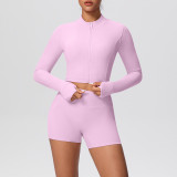 Solid Color Crop Jacket and Shorts Tight-Fitting Yoga Set