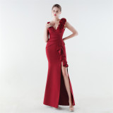 Plus Size Women Floral One-Shoulder Ruffled Mermaid Evening Dress