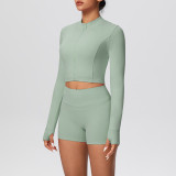 Solid Color Crop Jacket and Shorts Tight-Fitting Yoga Set