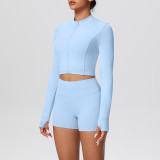 Solid Color Crop Jacket and Shorts Tight-Fitting Yoga Set