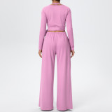 Solid Color Drawstring Long Sleeve Top and Tank Three-Piece Pants Set