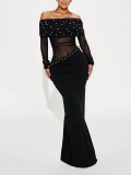 Solid Color Mesh Patchwork Imitation Pearl Off-Shoulder Bodycon Long Dress