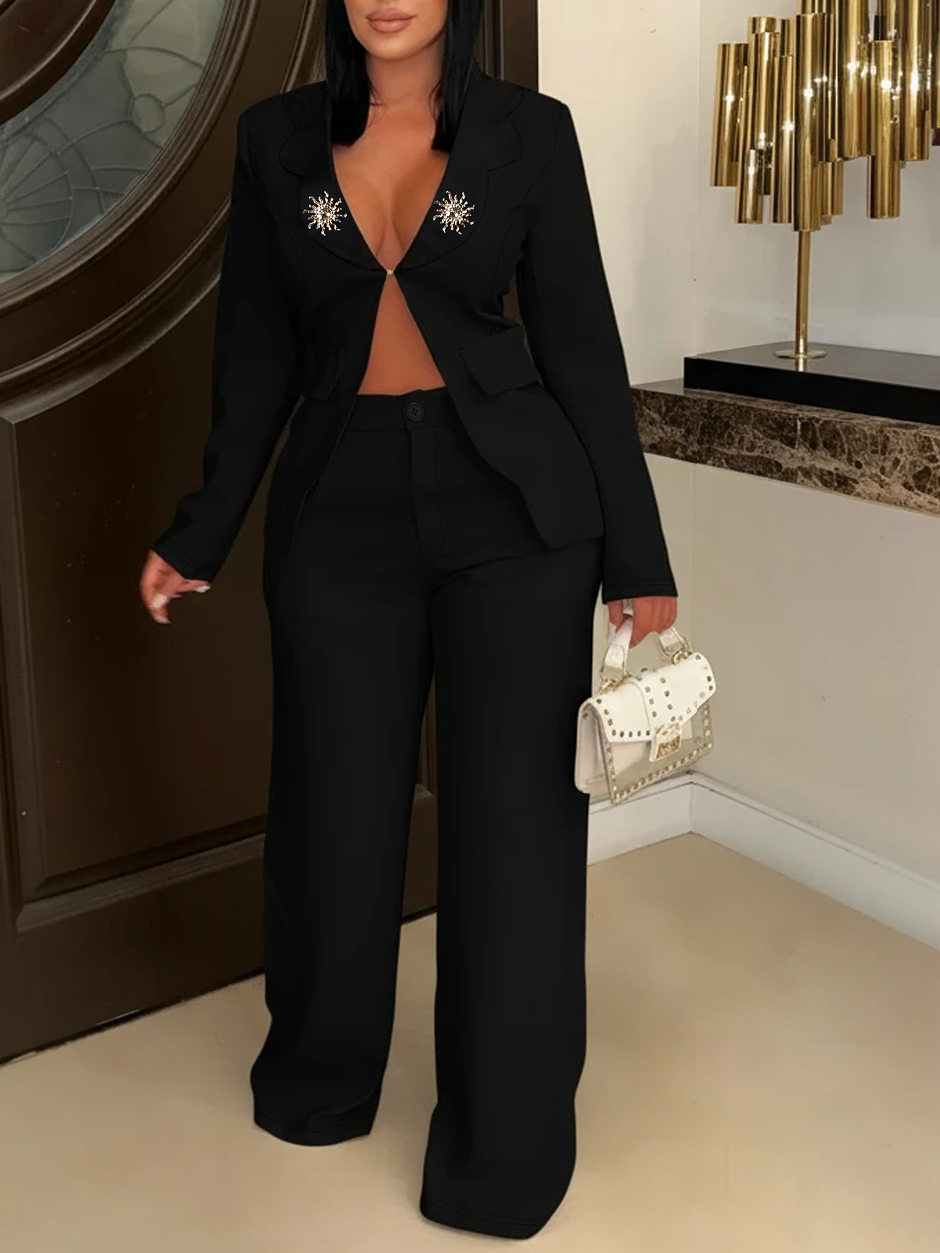 Women Elegant Long-Sleeved Top and Pants Two-Piece Set