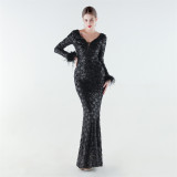 Plus Size Women Sequined Furry Formal Party Evening Dress