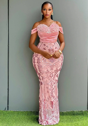 Off-Shoulder Velvet Sequin Mermaid Evening Dress