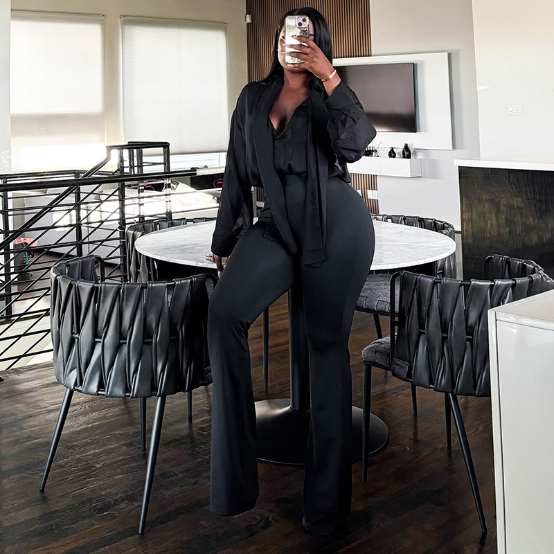 Fall V-Neck Mesh Tie-Front Blouse and High-Waist Bell Bottom Pants Set