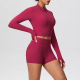 Solid Color Crop Jacket and Shorts Tight-Fitting Yoga Set