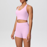 Solid Color Tight-Fitting Halter Neck Tank Shorts Yoga Set