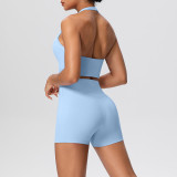 Solid Color Tight-Fitting Halter Neck Tank Shorts Yoga Set