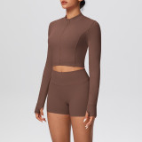 Solid Color Crop Jacket and Shorts Tight-Fitting Yoga Set