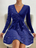 Women Autumn/Winter Sexy V-Neck Sequin Mini Dress
