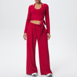Solid Color Drawstring Long Sleeve Top and Tank Three-Piece Pants Set