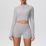 Solid Color Crop Jacket and Shorts Tight-Fitting Yoga Set