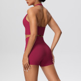 Solid Color Tight-Fitting Halter Neck Tank Shorts Yoga Set