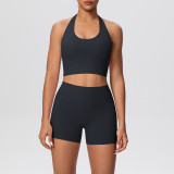 Solid Color Tight-Fitting Halter Neck Tank Shorts Yoga Set