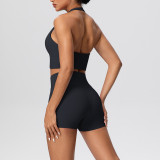 Solid Color Tight-Fitting Halter Neck Tank Shorts Yoga Set
