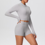 Solid Color Crop Jacket and Shorts Tight-Fitting Yoga Set