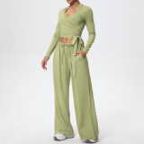 Solid Color Drawstring Long Sleeve Top and Tank Three-Piece Pants Set