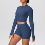 Solid Color Crop Jacket and Shorts Tight-Fitting Yoga Set