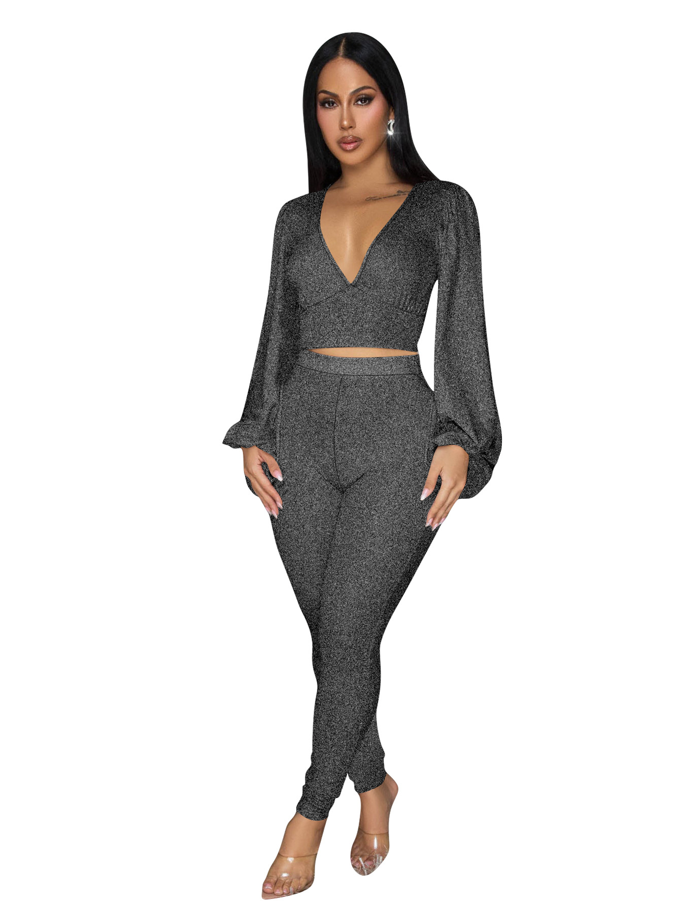 Women Deep V-Neck Backless Lace-Up Short Lantern Sleeve Top and Trousers Two-Piece Set