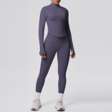 Seamless Solid Color Tight-Fitting High-Stretch Zip-Front Jogger Leggings Set