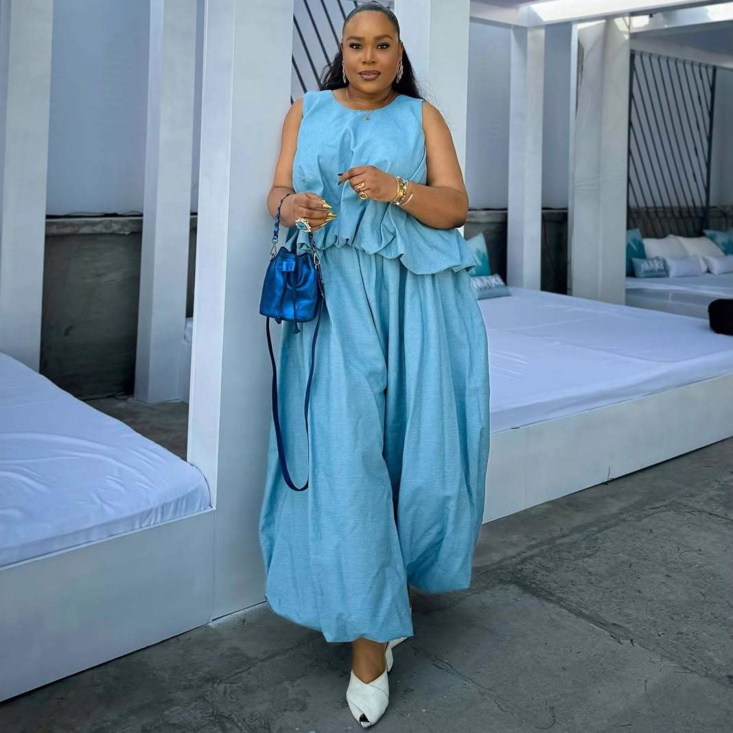 Sleeveless Loose Slim Waist Crop Top and Wide Leg Pants Plus Size Set