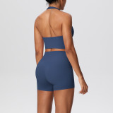 Solid Color Tight-Fitting Halter Neck Tank Shorts Yoga Set