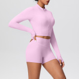 Solid Color Crop Jacket and Shorts Tight-Fitting Yoga Set