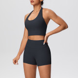 Solid Color Tight-Fitting Halter Neck Tank Shorts Yoga Set