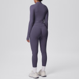 Seamless Solid Color Tight-Fitting High-Stretch Zip-Front Jogger Leggings Set