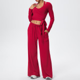Solid Color Drawstring Long Sleeve Top and Tank Three-Piece Pants Set
