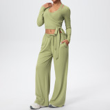 Solid Color Drawstring Long Sleeve Top and Tank Three-Piece Pants Set