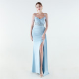 Women Spaghetti Strap Slit Beaded Mermaid Lace-Up Mermaid Evening Dress