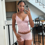 Lace Trim Patchwork Floral Print V-Neck Camisole and High-Waist Shorts Set