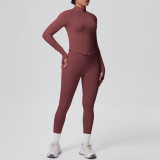 Seamless Solid Color Tight-Fitting High-Stretch Zip-Front Jogger Leggings Set