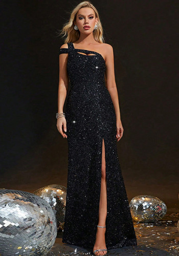 Black High-Slit Low Back Slash Shoulder Spring Evening Dress