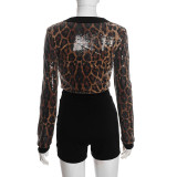 Fall Round Neck Leopard Print Sequin Top and Bodycon Shorts Set