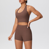 Solid Color Tight-Fitting Halter Neck Tank Shorts Yoga Set