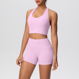 Solid Color Tight-Fitting Halter Neck Tank Shorts Yoga Set