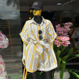 Women Autumn Striped Turndown Collar Short-Sleeve Shirt and Shorts Two-Piece Set
