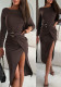 Women Coffee Long-Sleeved Slit Maxi Dress