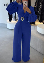 Women Solid Buckle Long-Sleeved Wide-Leg Jumpsuit