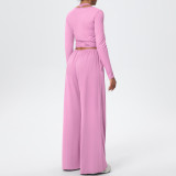 Solid Color Drawstring Long Sleeve Top and Tank Three-Piece Pants Set